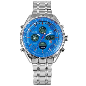 

Eightgill Shark Sport Watch Dual Time Analog Digital Date Silver Stainless Steel Green Mens Gift Racing Quartz Wristwatch /SH112