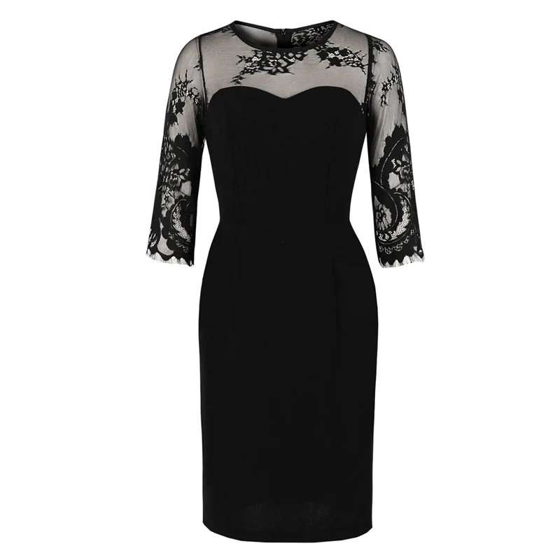 black dress Черное облегающее платье-футляр для офисных леди, одежда для работы, контрастное кружевное женское осеннее 3/4, сексуальное облегающее платье-карандаш с длинным рукавом - Цвет: black dress