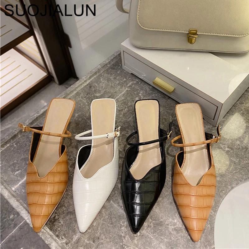

SUOJIALUN Fashion Women Pointed Toe Slippers High Quality Low Heels Outsides Ladies Slides Stone Pattern Luxury Brand Mules Shoe