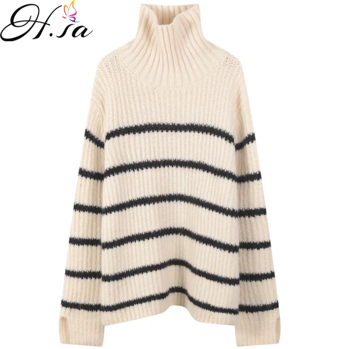 H.SA Women Casual Winter Turtleneck Pullover and Sweaters Striped Knit Jumpers Cashmere Sweater Warm Pull Femme casaco feminino