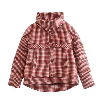 

2020 Ａutumn and winter down jacket new fashion plaid printing casual loose stand-up collar red plaid short down jacket