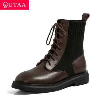 

QUTAA 2021 Cow Leather Knitting Ankle Boots Casual Round Toe Lace Up Women Shoes Square Heel Autumn Winter Short Boots Size34-40