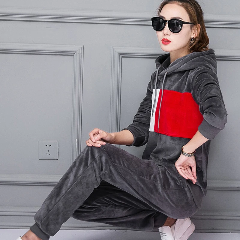 Спортивный костюм Voobuyla, Женский комплект, с капюшоном,, Осень-зима, бархатный, для бега, толстый, теплый, толстовка+ штаны, спортивный костюм, для фитнеса, спортивный костюм