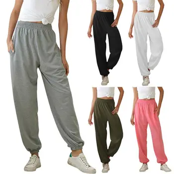 

Women Casual Sport Pants Running Jogger Pants Female Solid Color Tracksuit Elastic High Waist Ankle Tie Thin Ladies Sweatpants B