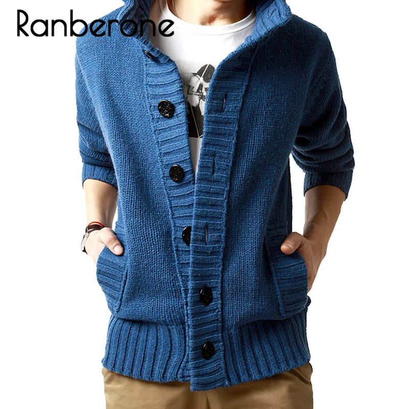 

Ranberone Sweater Cardigan Men Thick Sleeve Long Jacket Fashion Casual Slim Loose Collar Button Knit Solid Color Sweater For Men