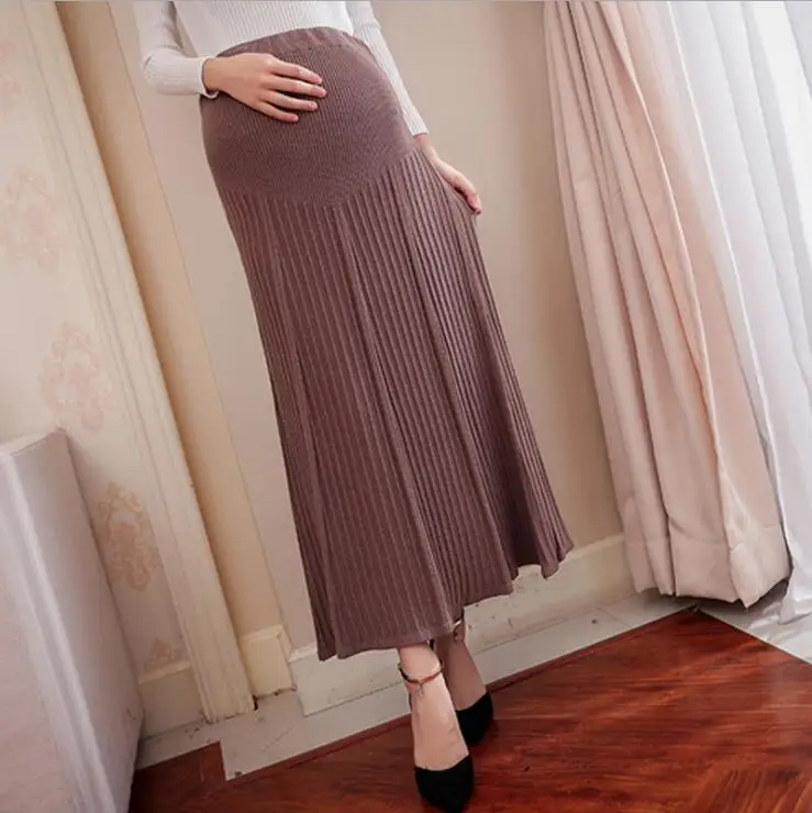 

Pure Color Knitted Long Maternity Skirts Autumn Winter Pregnancy Pleated Skirt Plus Size Lady Skirts