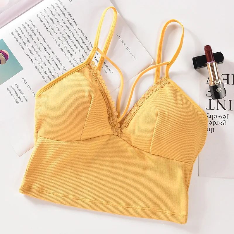 Women Camisole Lace Bralette Sexy Lingerie Female Tanks Top V Neck Camis Crop Top Underwear - Цвет: Цвет: желтый
