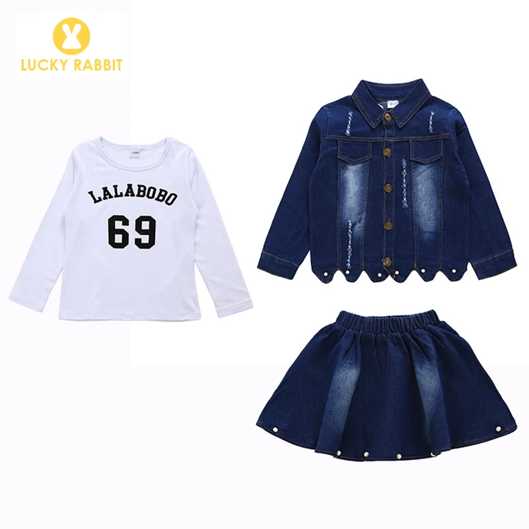 Girls Spring Denim Two 2 Piece Matching Long Sleeve Top And Skirt Set Pearl Design Denim Cowgirl Skirt Outfit