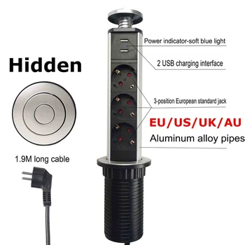 

Aluminium Alloy Shell Hidden Tensile Type Desktop Socket Invisible Pull-up Socket Kitchen/ Table Pop Up 3 Power 2 USB Socket