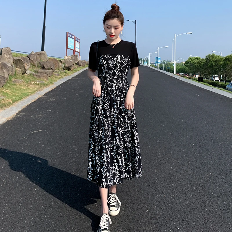

Summer Chiffon Dress 2024 Casual Short Sleeve O-Neck Floral Print Dresses Elegant Party Dress Plus Size Dress Womens Clothing