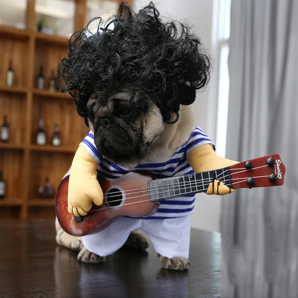 Собака смешной костюм на Хэллоуин Pet гитариста; вечерние Косплэй, домашних животных Одежда для кошек собак рубашки для мальчиков