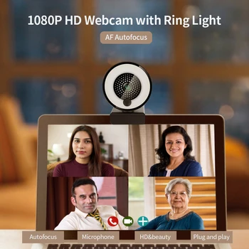 

Autofocus 1080P HD Webcam with Ring Fill Light Built in Microphone Webcam for Video/Live Streaming/Videoconferencing Smooth Type