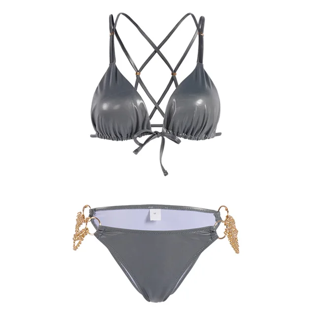 Shinny Solid Color Glitter Bikini with Gold Side Chains 5
