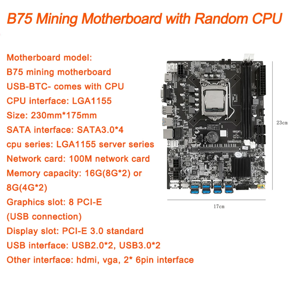 B75 Mining Motherboard 8 USB 3.0 to PCI-E X16 LGA 1155 Random CPU Fan 2X 8GB DDR3 SATA HD Bitcoin BTC ETH Miner latest motherboard for desktop pc