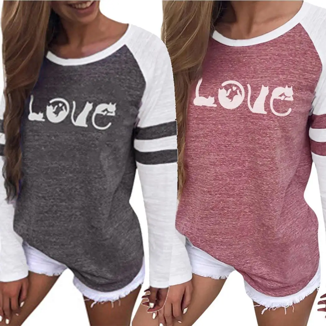 Women O Neck Letter Printed Loose Long Sleeve T-shirt Top