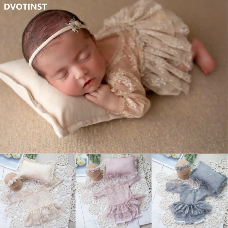 Dvotinst Newborn Photography Props for Baby Girl Lace Outfits Bodysuit Headband Pillow Fotografia Accessories Studio Photo Props dvotinst newborn baby photography props handmade wool wraps pillow 2pcs mat fotografia accessories studio shooting photo props