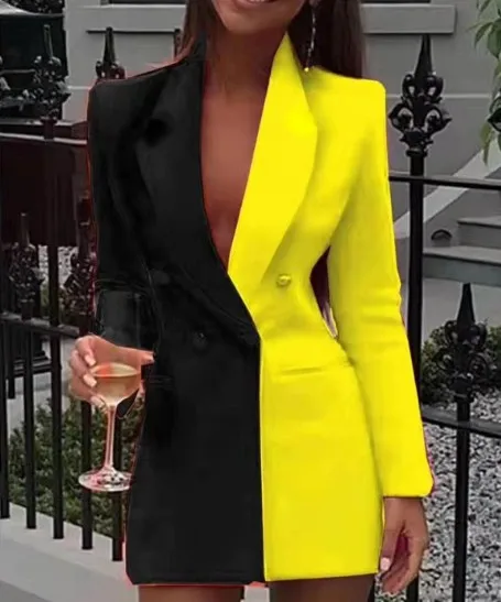 Long Sleeve Blazer Dress Contrast Stitching Large Professional V Neck Crepe Tuxedo Girl Fashion Gown Party Wear