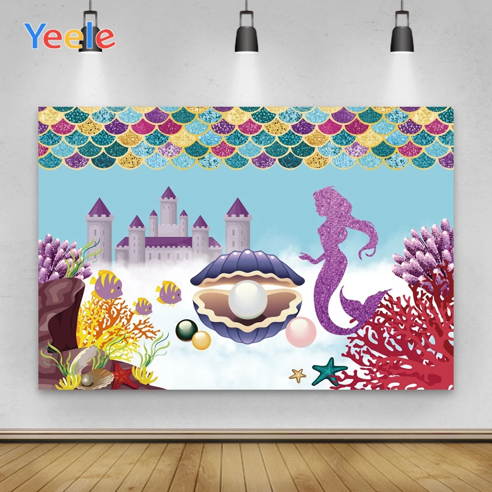 

Yeele Customized Happy Birthday Party Props Castle Mermaid Pearl Backdrops Photocall Photography For Baby Photo Studio Decor
