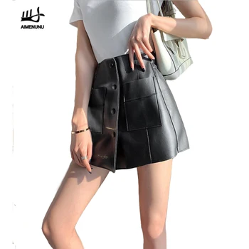 

AIMENUNU Casual Black Leather Shorts for Women High Waist A-Line Buttons OL Style Simple Mini Skirt Shorts With Pockets