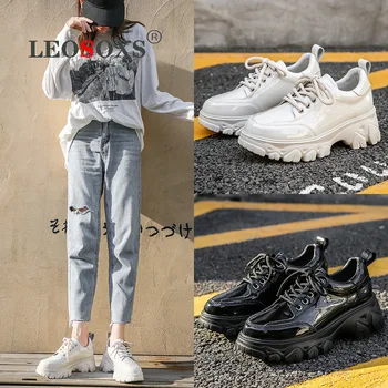 

Women's sports shoes 2020, genuine leather shoes, bright leather platform shoes, round toe lace-up women's shoes, flat shoes