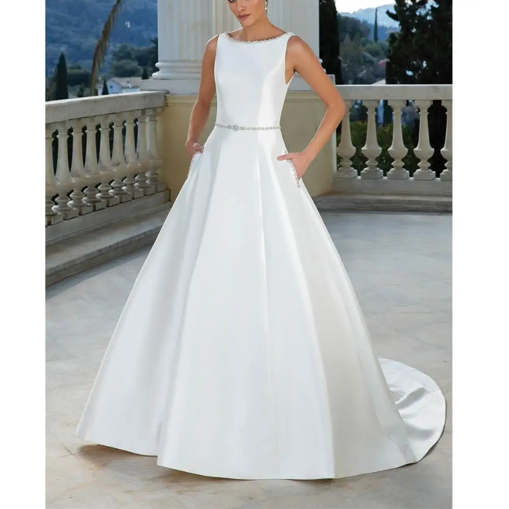 

Simple White Crystals Beading Wedding Dresses Scoop Satin Court Train Dropped Ball Gown Wedding Dresses Court Train Open Back