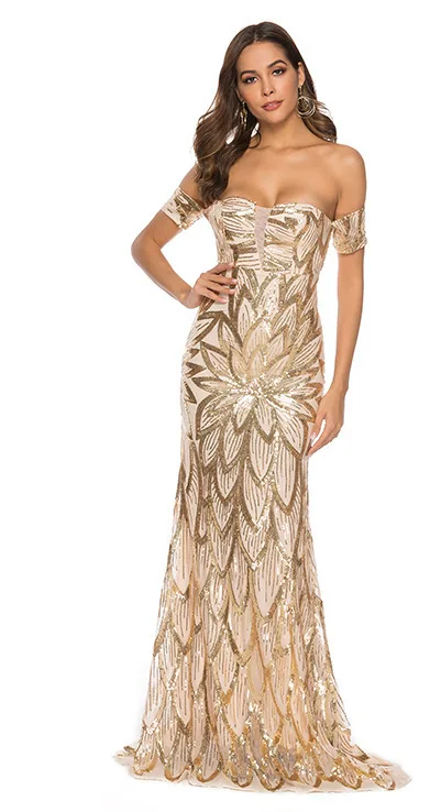 

Luxury Sequin Off Shoulder Sexy Elegant Dress Retro Flower Embroidery Party Prom Bodycon Maxi Dress Summer Autumn 2019