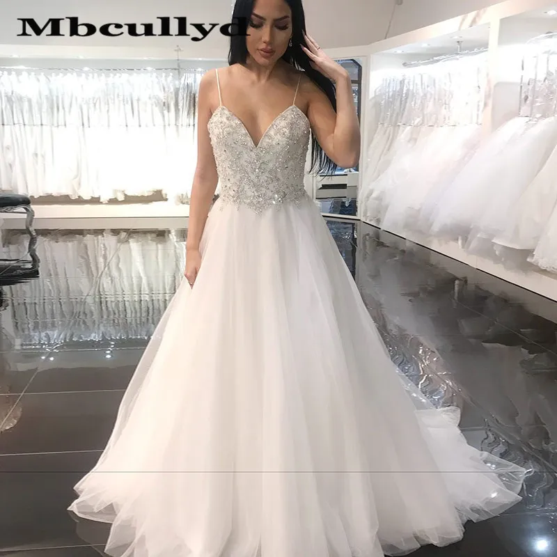 

Mbcullyd Bohemia Beach Wedding Dress 2020 Spaghetti Strap White Long Boho Dresses Bridal Glitter Beading Formal Vestido De Noiva
