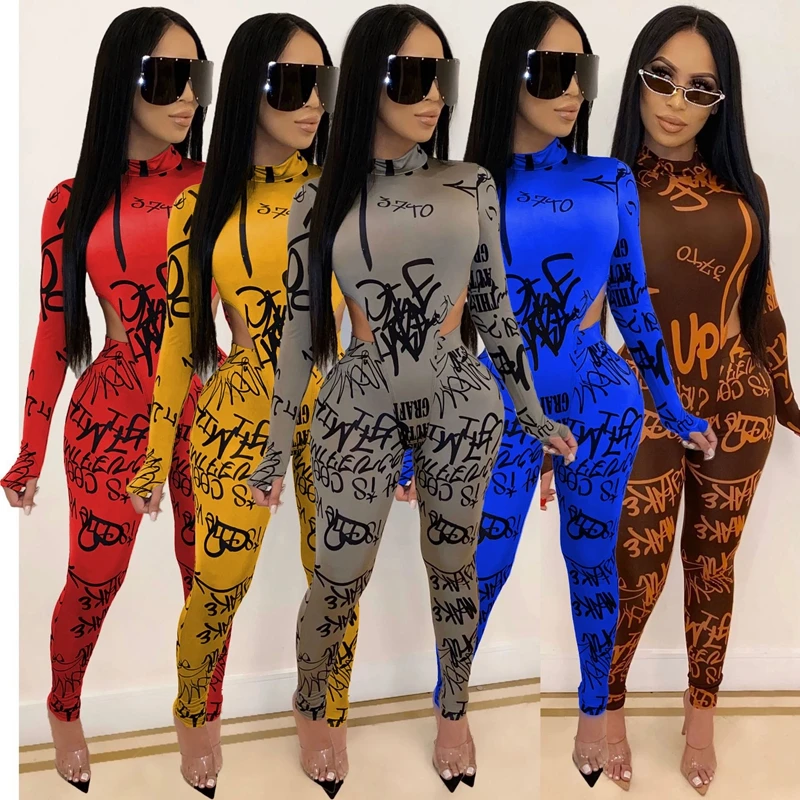 2 Piece Set 2020 Women Fashion Clothing Rompers Bodysuit Top Pants Sweatsuits Waist Hollow Out Letter Printed Sexy Club Outfits |