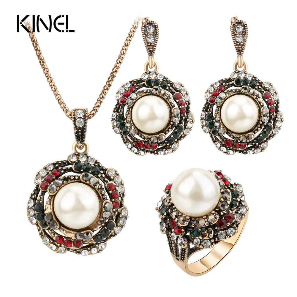 Kinel 3 шт., Винтажные Ювелирные изделия с искусственным жемчугом, наборы для женщин, античное золото, кристалл, свадебное ожерелье, серьги, кольцо, турецкие ювелирные изделия - Окраска металла: White pearl