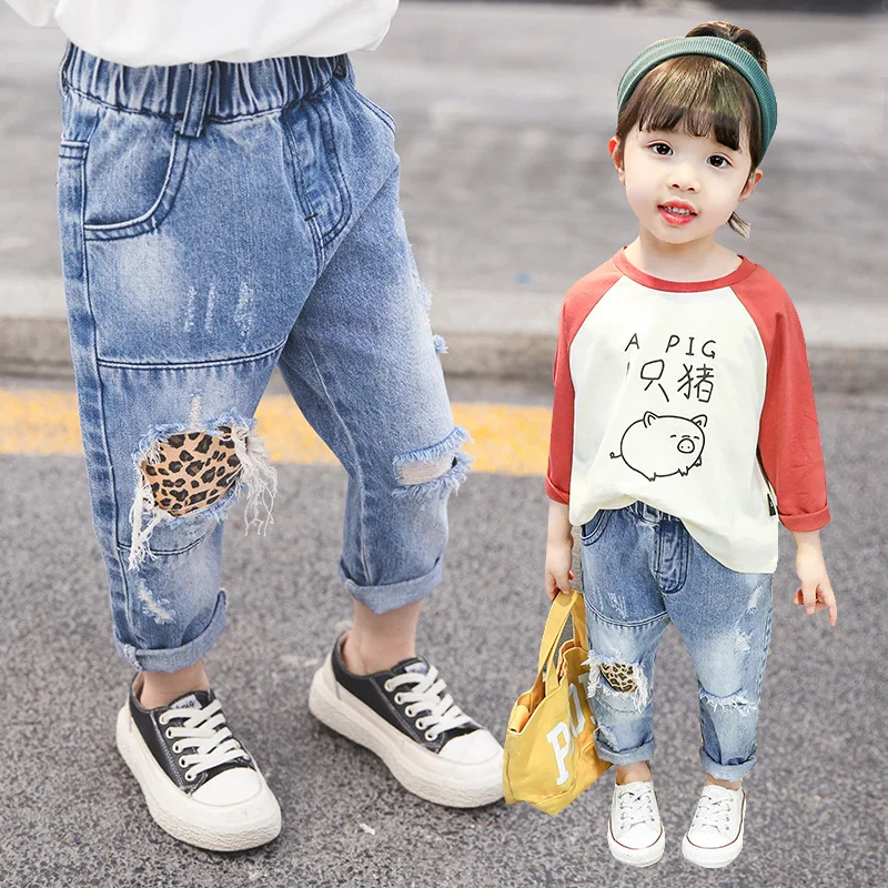

Children Leopord Pattern with Holes Jeans 2019 Spring New Style Korean-style Women's Small CHILDREN'S Spring Clothing Long Pants