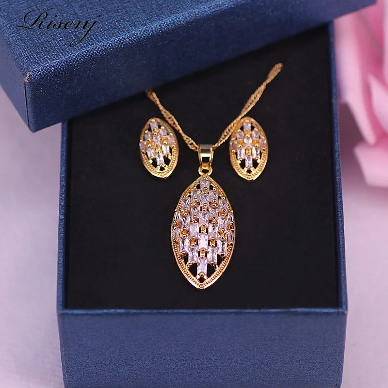 Marquise Square Colorful Zircon Jewelry For Women Stud Earrings Necklace With Pendant Rose Gold Bridal Jewelry