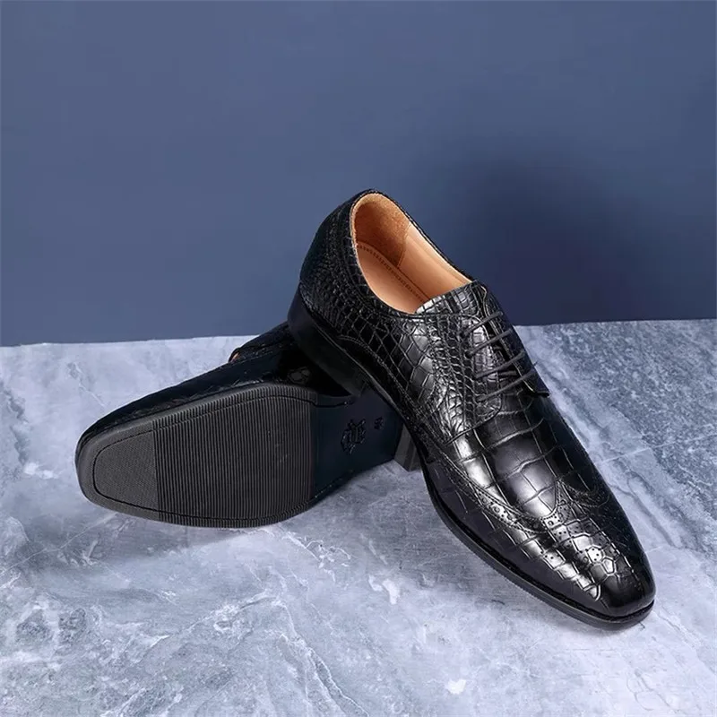 Black red crocodile skin pattern leather derby dress shoe