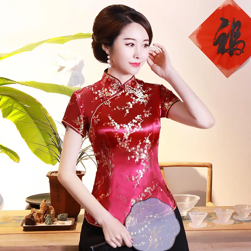Большие размеры 3XL 4XL женская рубашка винтажные классические топы на пуговицах с коротким рукавом Цветочная блузка воротник стойка одежда в китайском стиле - Цвет: Claret