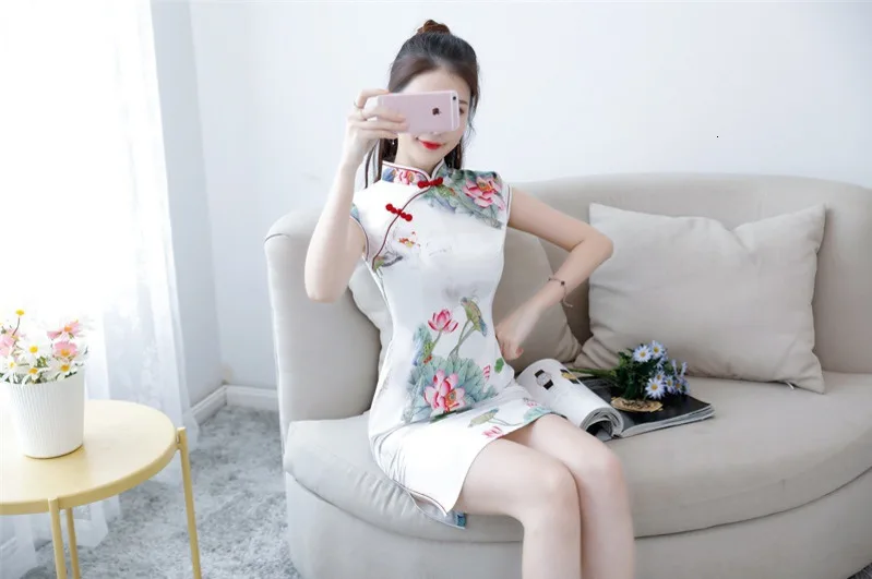 Sheng Coco Белый Мини chipao восточные костюмы короткий Cheongsam цветок лотоса печати Qipao Китайская традиционная одежда
