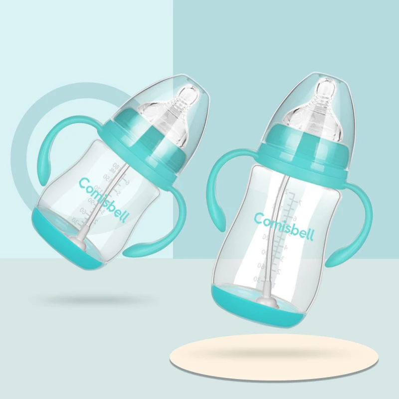 

240ml+180ml 2pcs Milk Bottle Newborn Wide-caliber PP Feeding Bottle with Handle Straw Baby Anti-colic Feeding Bottle Wholesale