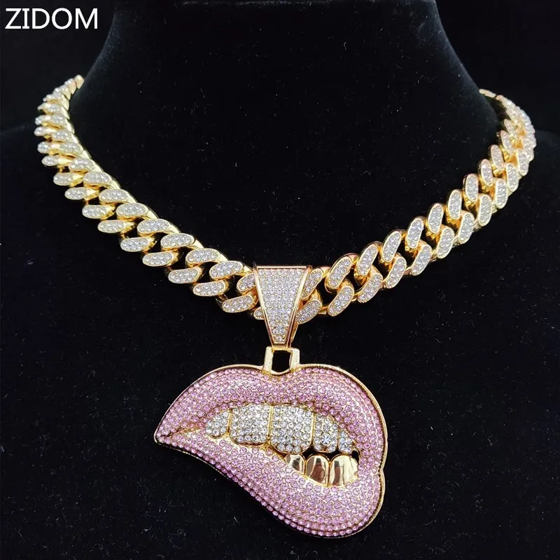 Men Women Hip Hop Bite Lip Shape Pendant Necklace with 13mm Crystal Cuban Chain Iced Out Bling HipHop Necklaces Fashion Jewelry | Украшения