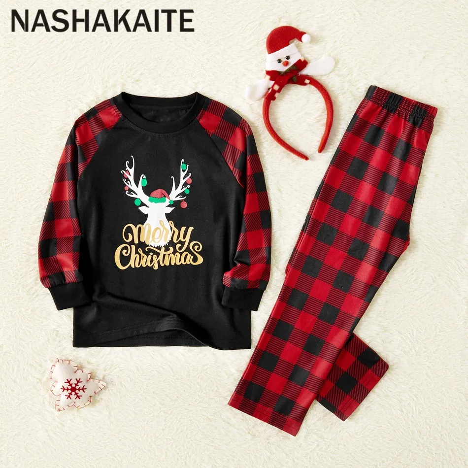NASHAKAITE Семья пижамный комплект одежда для мамы, папы и детей одежда для сна для малышей, надпись "веселого Рождества" рога печати и клетчатым Пижама для всей семьи; комплект