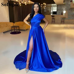 SoDigne Royal Blue 2022 A Line Satin Long Evening Dresses One Shoulder Front Side Long Formal Prom Gowns Robe De Soiree
