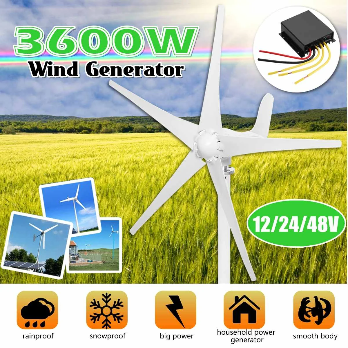 

3600W 12/24/48V Horizontal Wind T urbine Generator 5-Blades AC Permanent Power Generator w/Controller for Solar Light