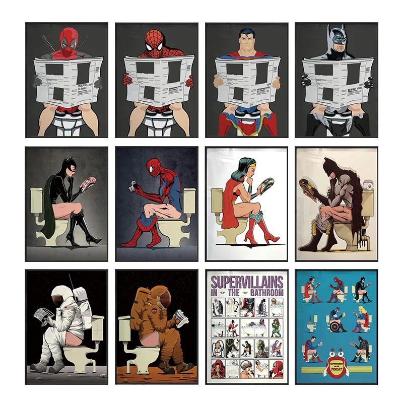 Marvel Superhero Spoof Canvas Painting Captain America Catwoman Batman Personality Wall Poster Living Room Toilet Decor Cuadros | Дом и сад
