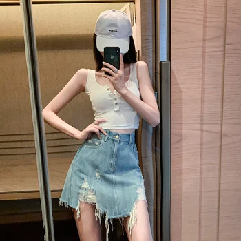 

Women's denim skirt 2020 summer new irregular hole ripped high waist bag hip slim denim skirt