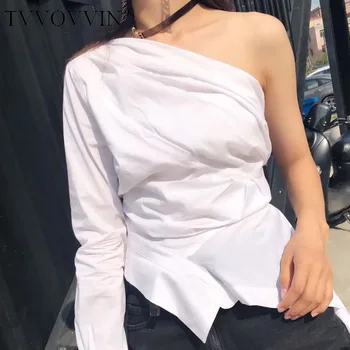 

TVVOVVIN 2019 Summer Autumn Solid White Irregular Wry Shoulder Sexy Shirt Reveal Clavicle Single Sleeve Waist Shirt Woman L047