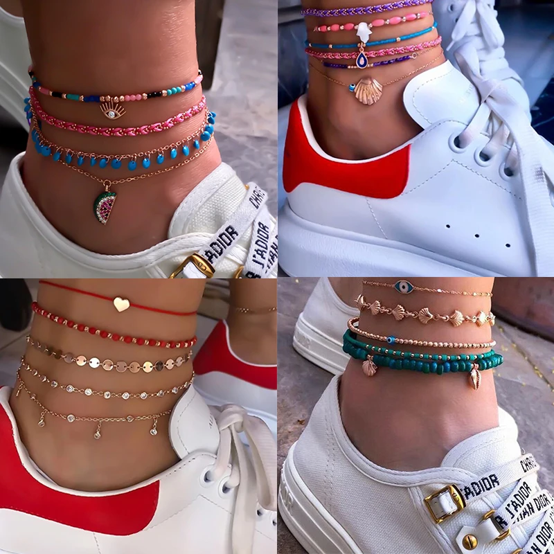docona Boho Shell Crystal Strand Bead Anklets Set for Women Girl Multilayers Watermelon Sequin Pendant Foot Chains Beach Jewelry docona Boho Shell Crystal Strand Bead Anklets Set for Women Girl Multilayers Watermelon Sequin Pendant Foot Chains Beach Jewelry