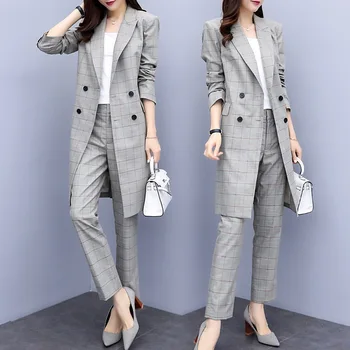 

Business Interview Vrouwen Plaid Broek Past Werkkleding Kantoor Dame Double Breasted Slanke Formele Lange Blazer en Broek set
