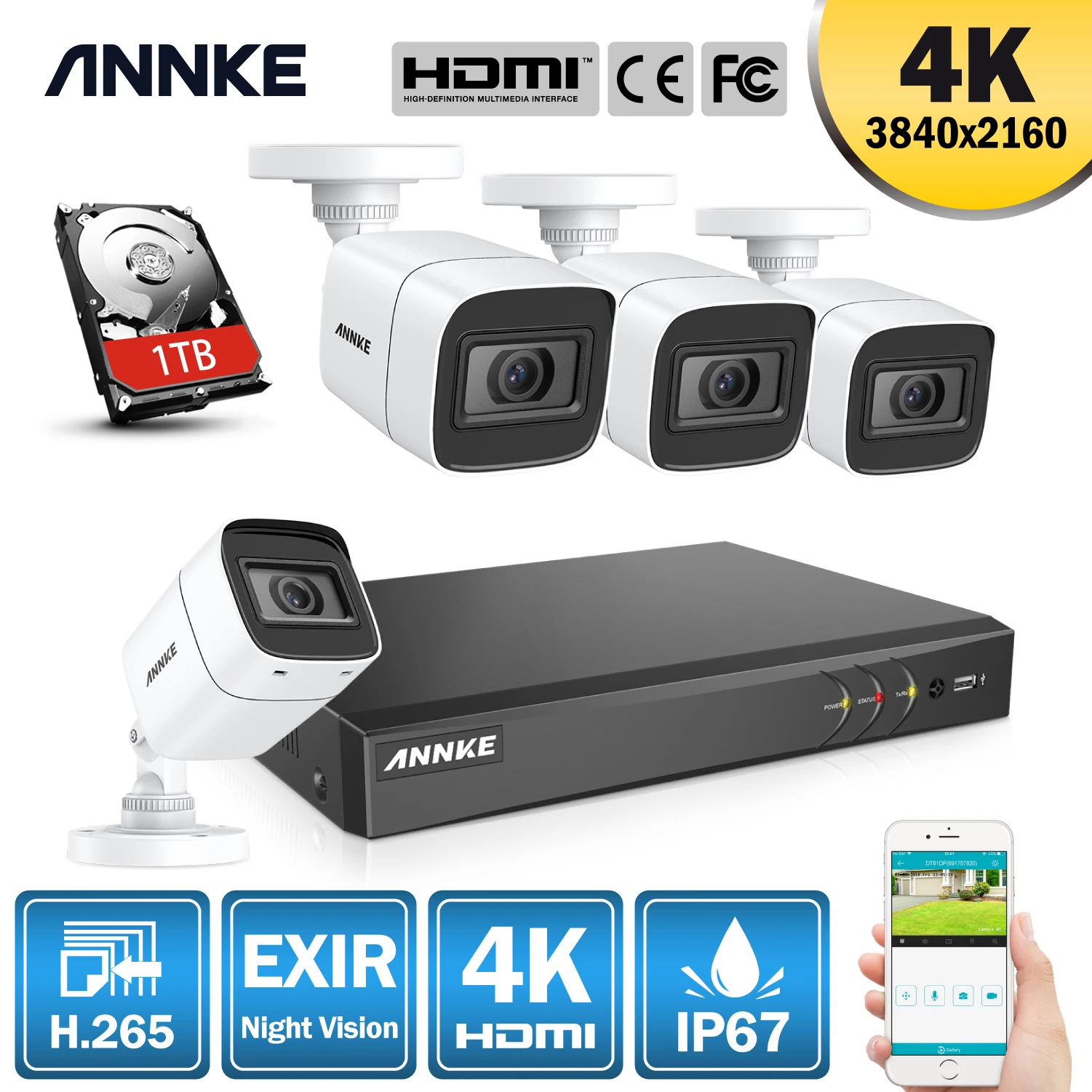 Камера видеонаблюдения ANNKE 4K 8 каналов HD Ультрапрозрачная 5 в 1 H.265 DVR 4x8 МП|Система