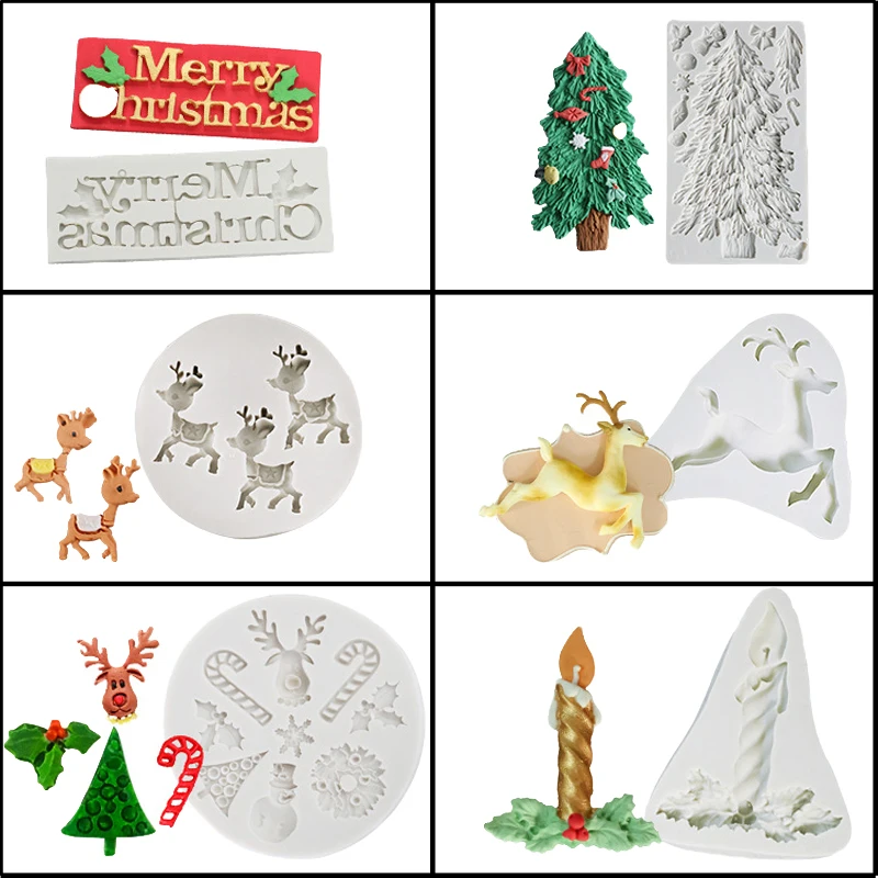 Merry Christmas Silicone Fondant Cake Mold Tree Candle Elk Pattern Resin Clay Paste Sugar Craft Chocolate Decorate Mould