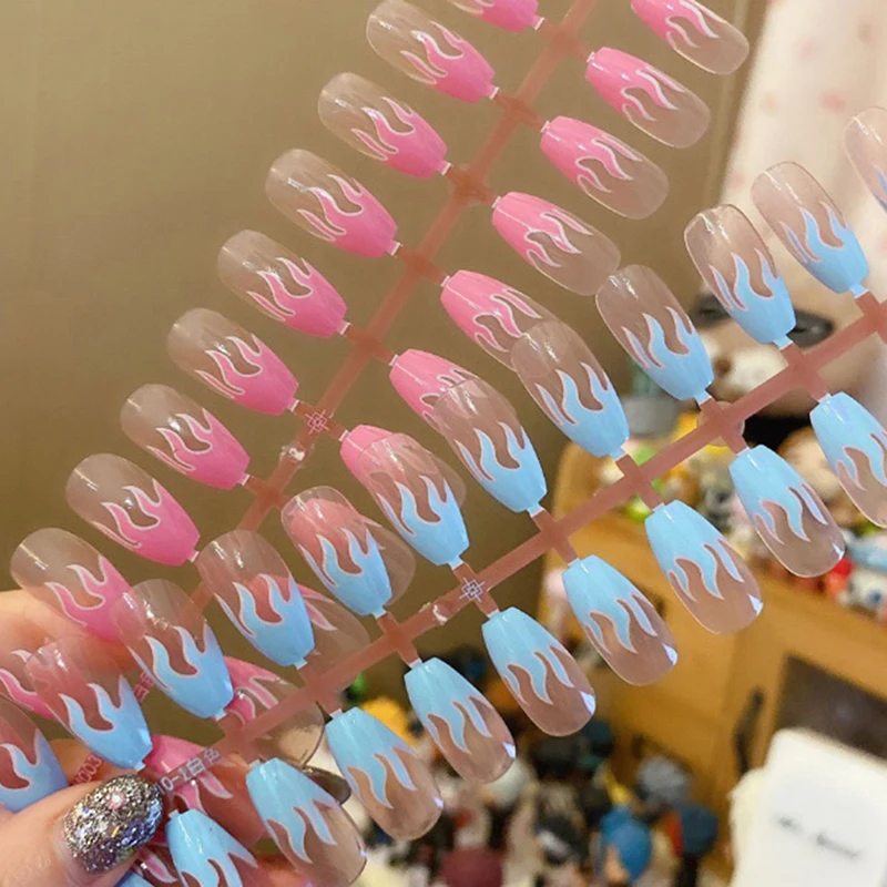 

24pcs Super New Product Blue Flame Fake Nails Flat-Tip Nail Tip Extension Press On False Nails Punk Salon Manicure Decoration