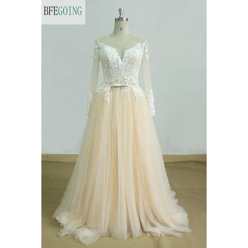

Lace Appliques Scoop Long Sleeves Floor-Length A-line Wedding dress Chapel Train Custom made