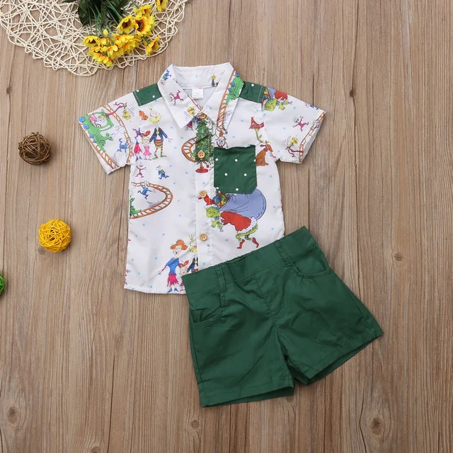 Комплект одежды для маленьких мальчиков, Рождественская рубашка+ шорты, детский комплект одежды с Санта Клаусом для детей 1, 2, 3, 4, 5, 6, 7 лет - Цвет: Green