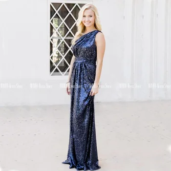 

Navy Blue Sequin Mother Of The Bride Dresses Elegant One Shoulder Straight Sparkle Evening Dresses коктейльные платья
